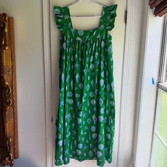 Printfresh Dresses & Skirts - Printfresh Green Seashell Organic Cotton Ruffle Midi Dress Womens Large L
